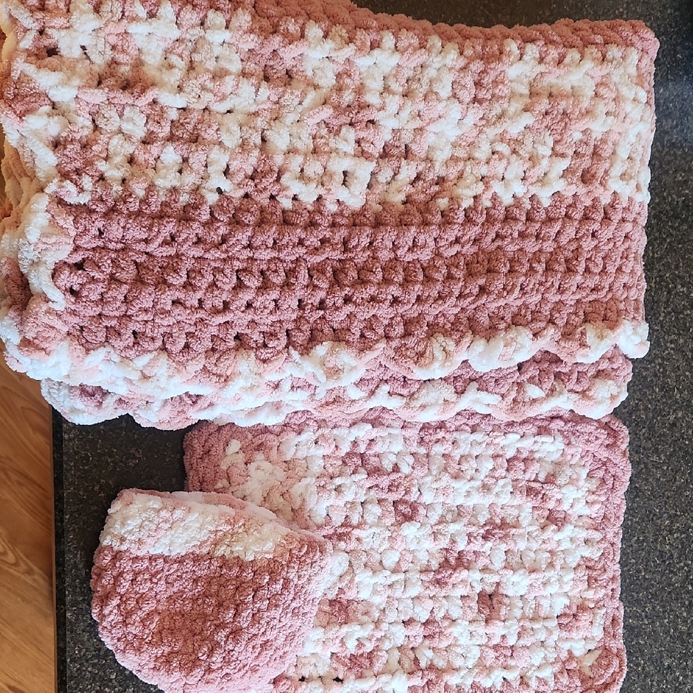 Infant Girl Pink and White Crochet Blanket Set With Hat - Handmade